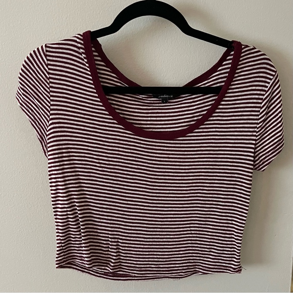 Maroon/White Striped Cropped T-shirt